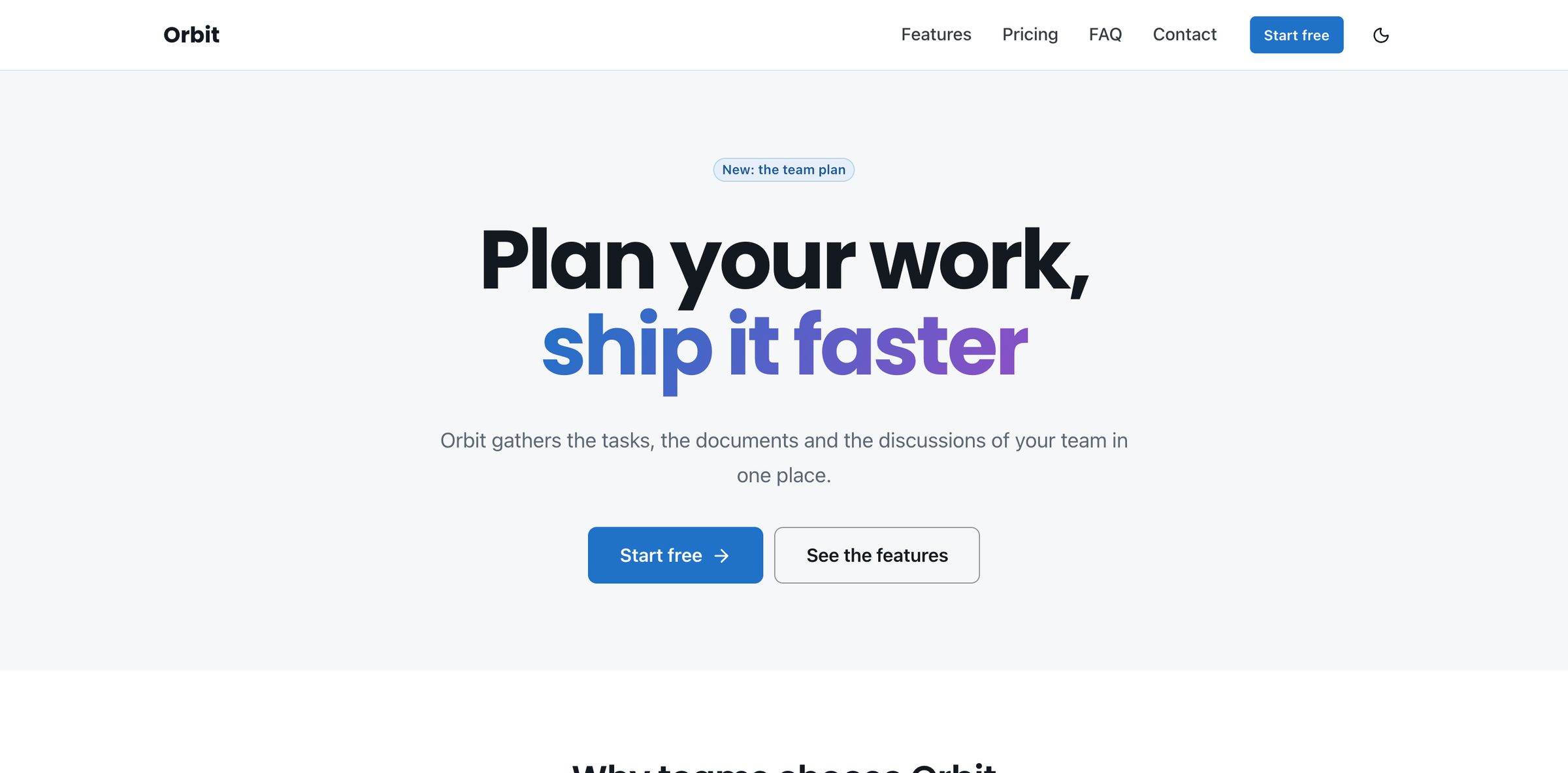 Orbit, a landing page built from the framework alone