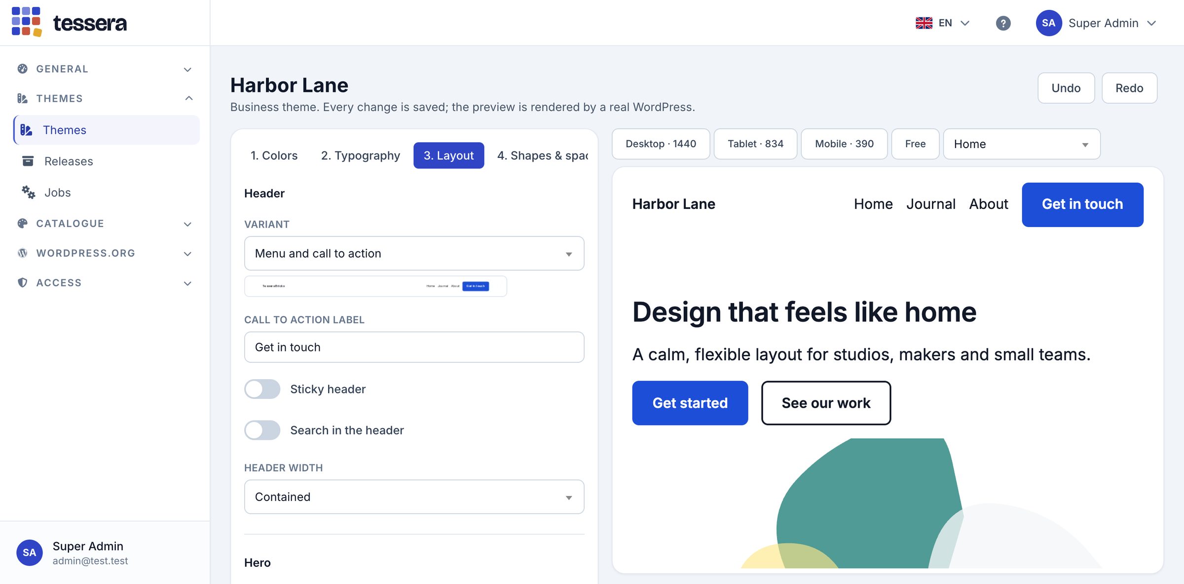 Header, hero and sections: each choice rebuilds the theme, live in the preview