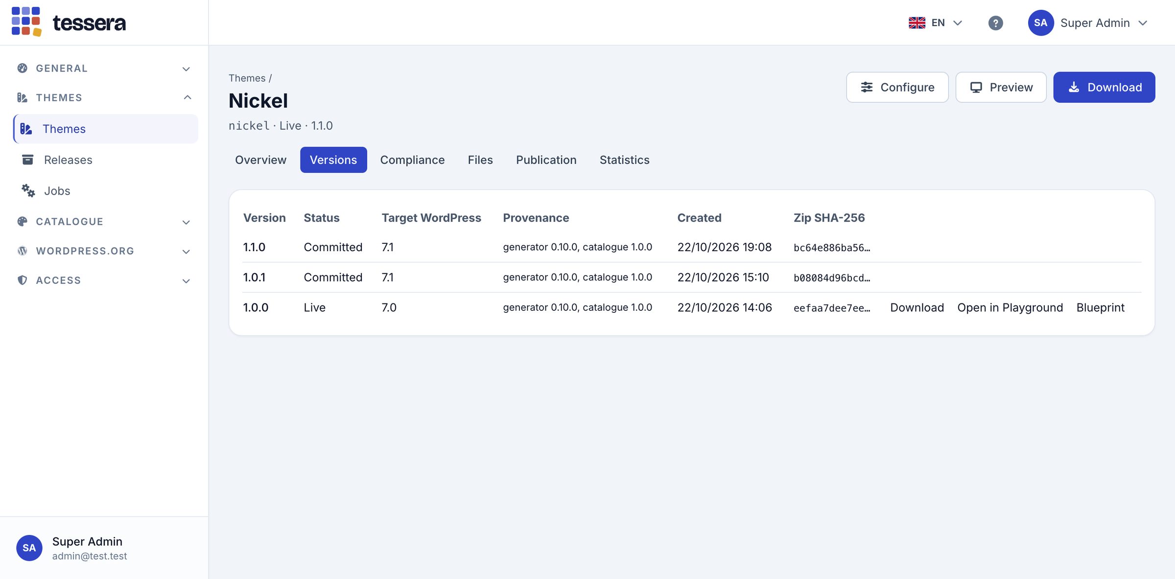 Every version shelved for good, with its provenance, its SHA-256 and a WordPress Playground demo